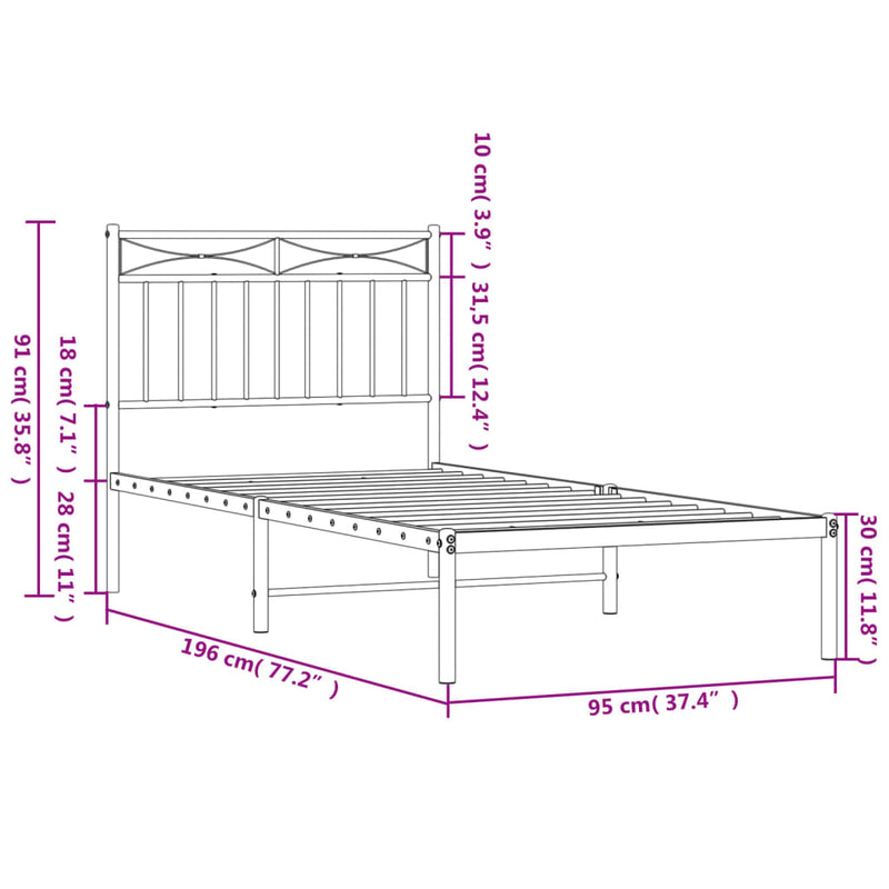 Metal Bed Frame with Headboard Black 92x187 cm Single Size