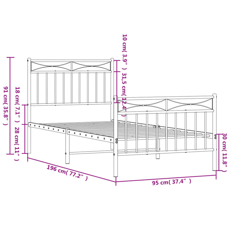 Metal Bed Frame with Headboard and Footboard White 92x187 cm Single Size