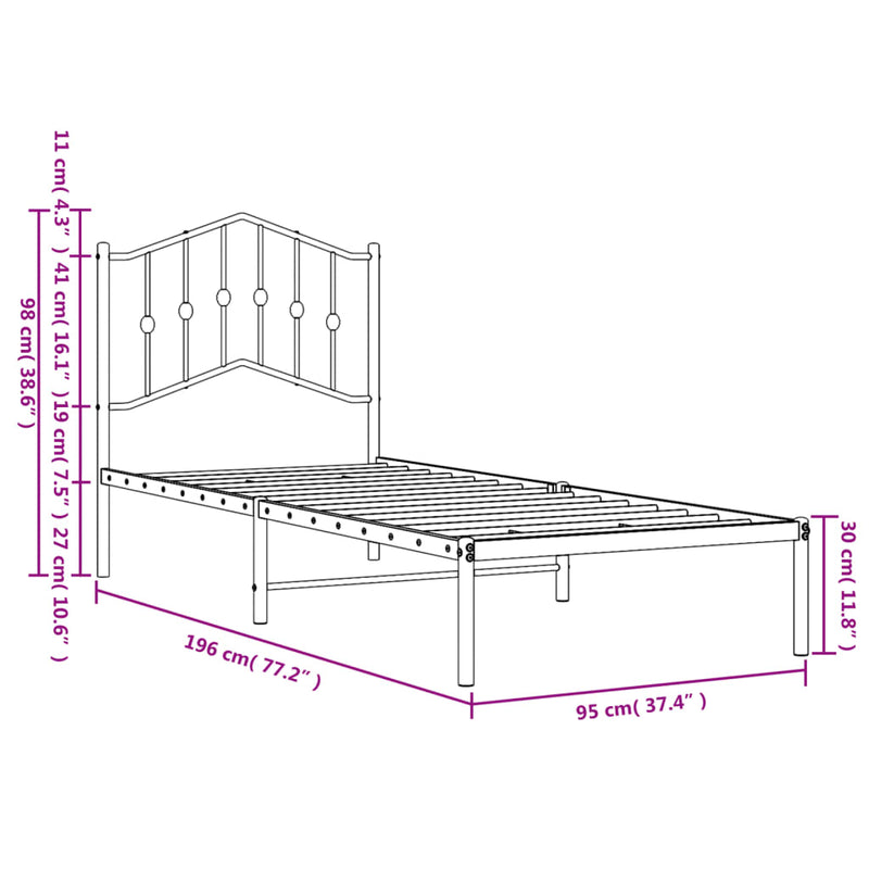 vidaXL Metal Bed Frame without Mattress with Headboard Black 90x190 cm