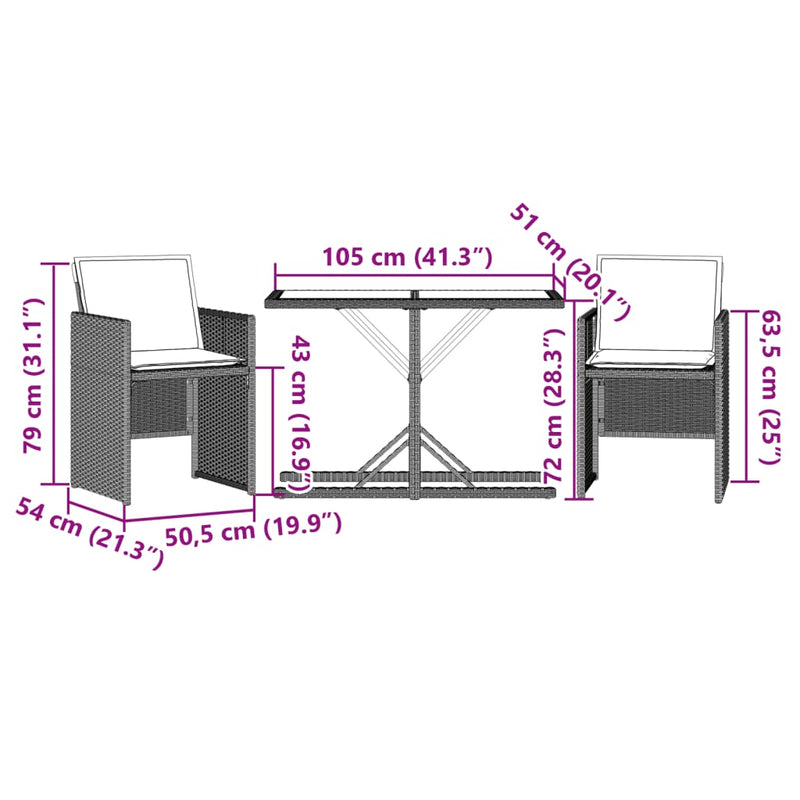 3 Piece Bistro Set with Cushions Light Grey Poly Rattan