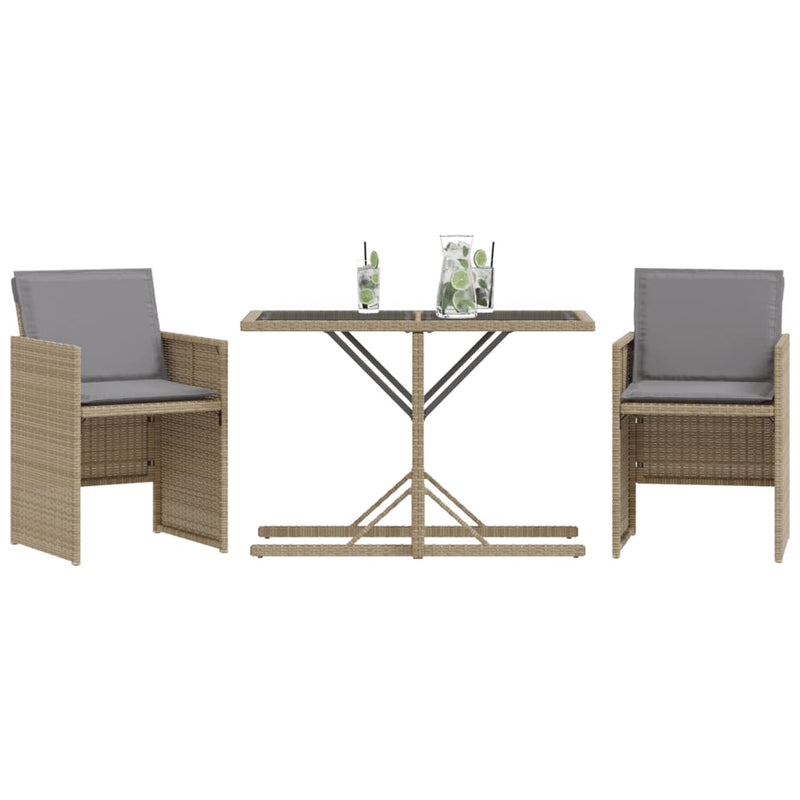 vidaXL 3 Piece Bistro Set with Cushions Mix Beige Poly Rattan