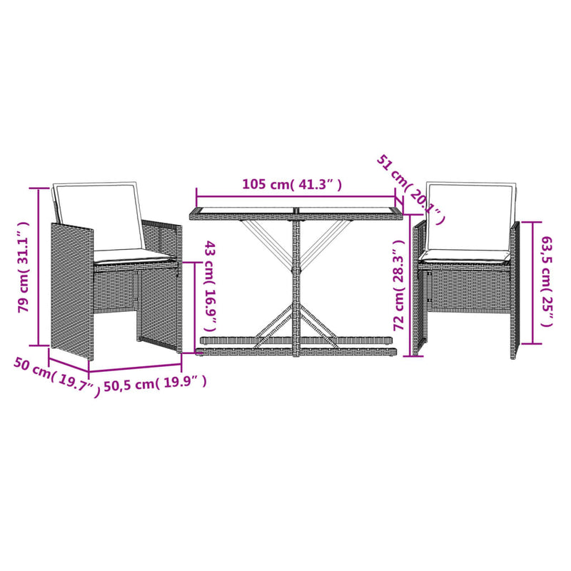 vidaXL 3 Piece Bistro Set with Cushions Mix Beige Poly Rattan