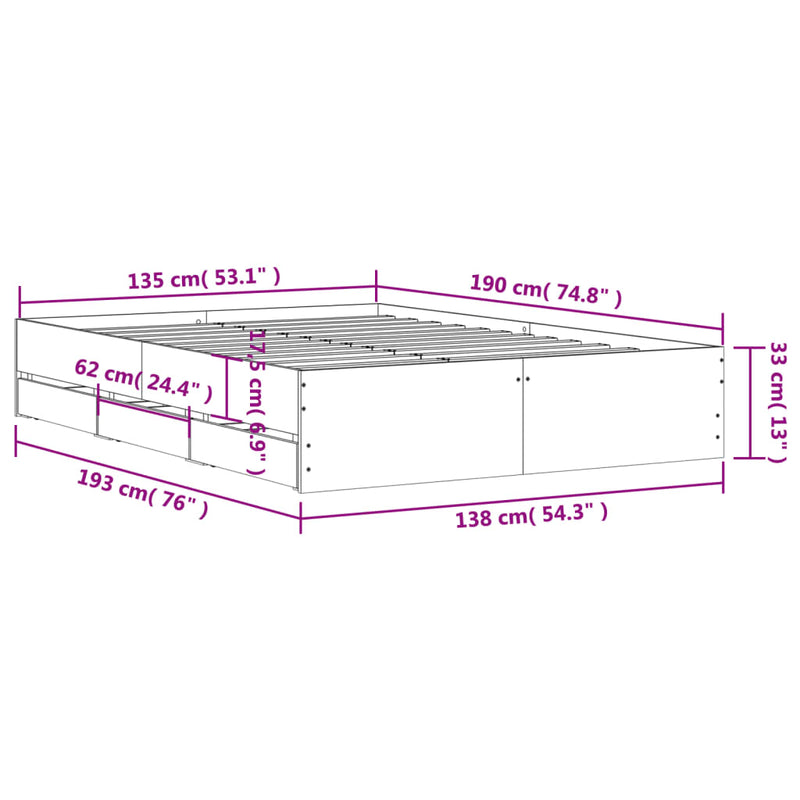 Bed Frame with Drawers White 135x190 cm Engineered Wood