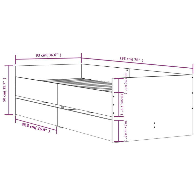 Bed Frame with Drawers Black 90x190 cm