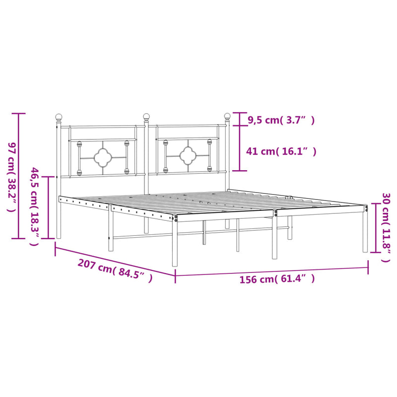 Metal Bed Frame with Headboard Black 150x200 cm