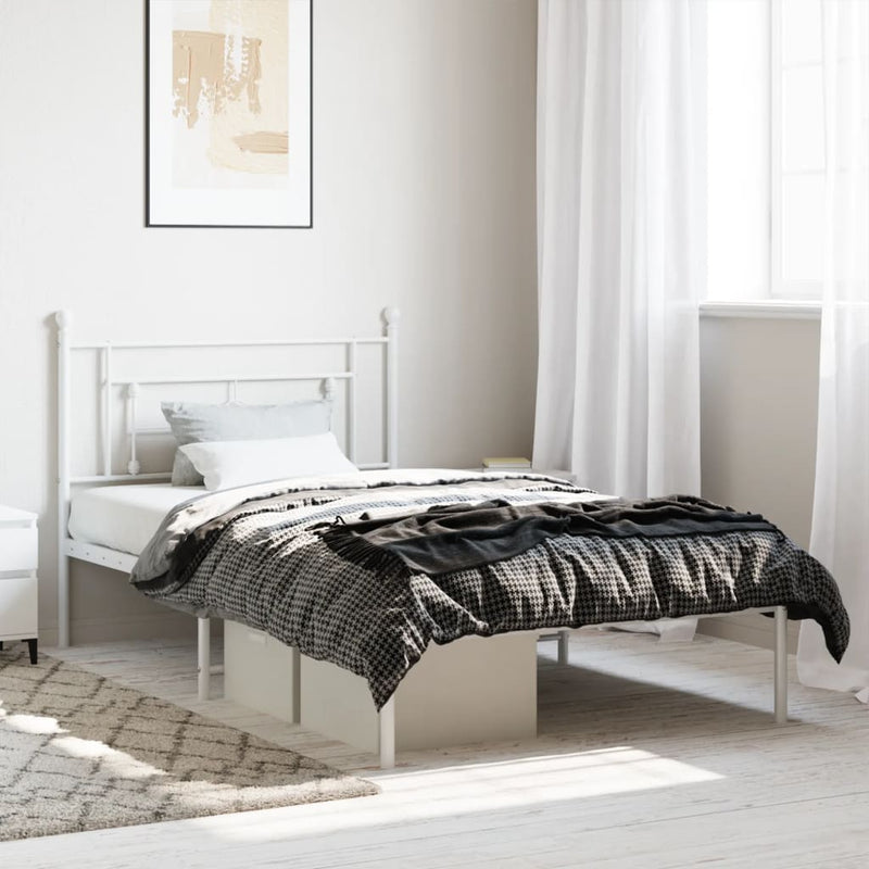 Metal Bed Frame with Headboard White 107x203 cm