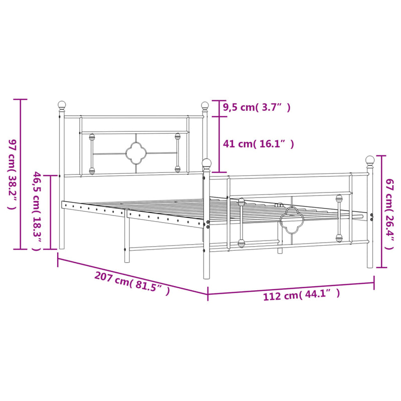 Metal Bed Frame with Headboard and Footboard White 107x203 cm