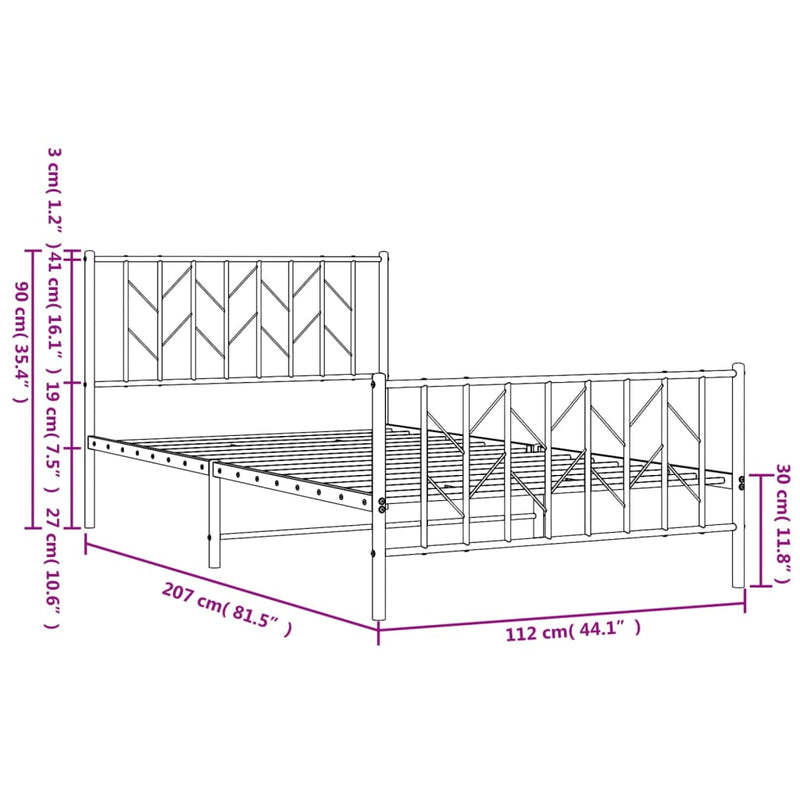 Metal Bed Frame with Headboard and Footboard Black 107x203 cm