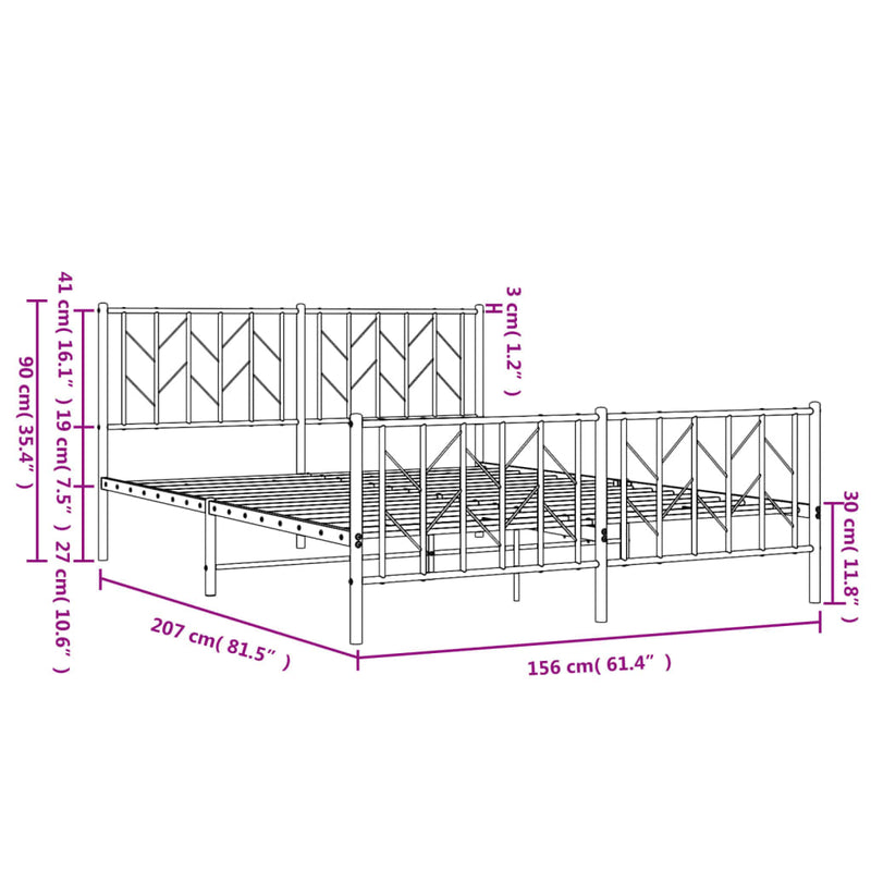 Metal Bed Frame with Headboard and Footboard White 150x200 cm