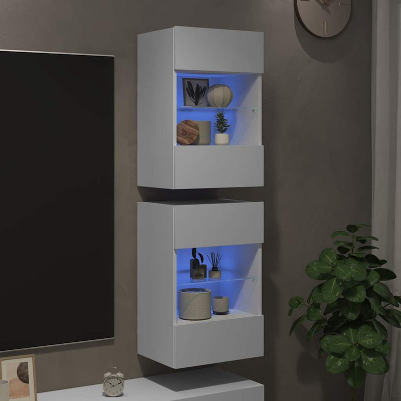 vidaXL Wall Cabinets with LED Lights for TV 2 pcs White 40x30x60.5 cm