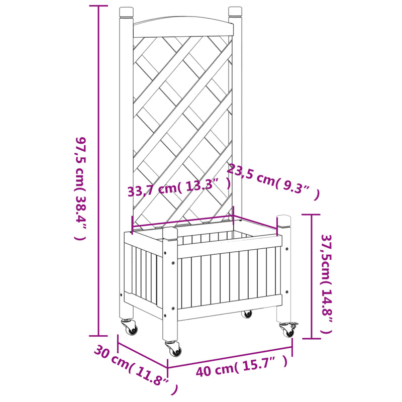 Planter with Trellis and Wheels Grey Solid Wood Fir