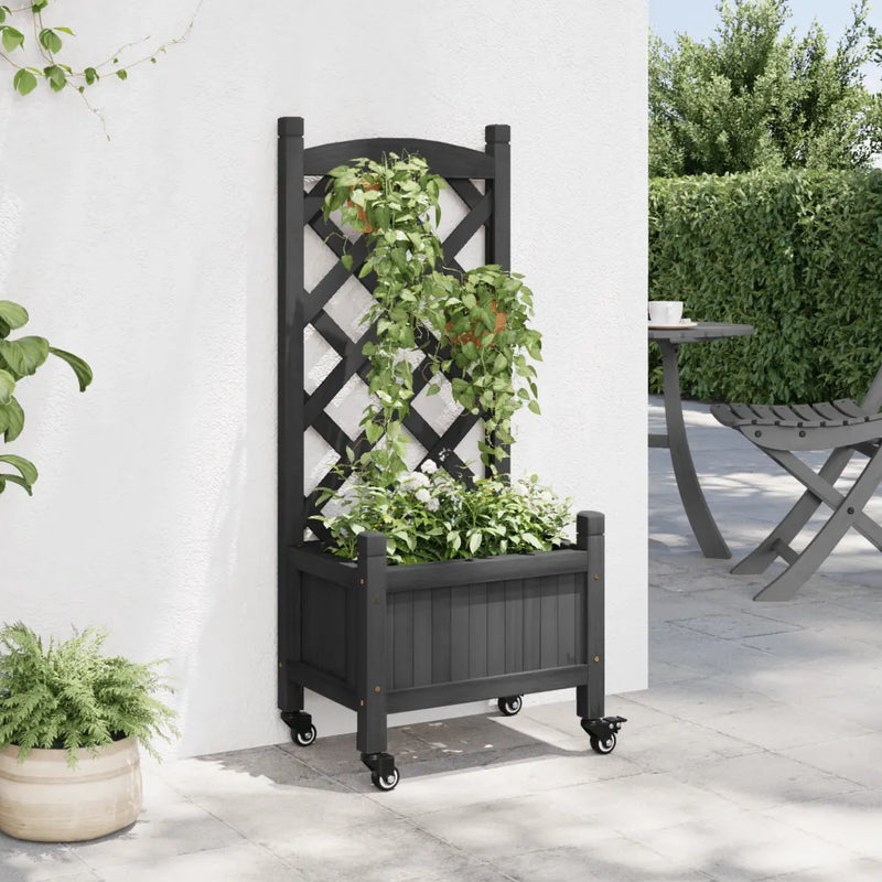 Planter with Trellis and Wheels Black Solid Wood Fir