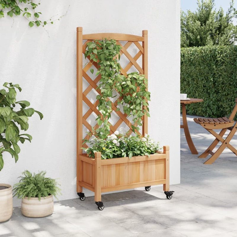 Planter with Trellis and Wheels Brown Solid Wood Fir