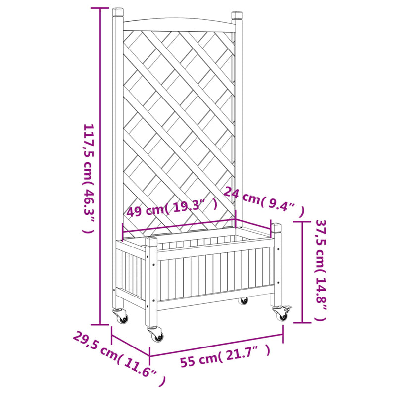 Planter with Trellis and Wheels Brown Solid Wood Fir