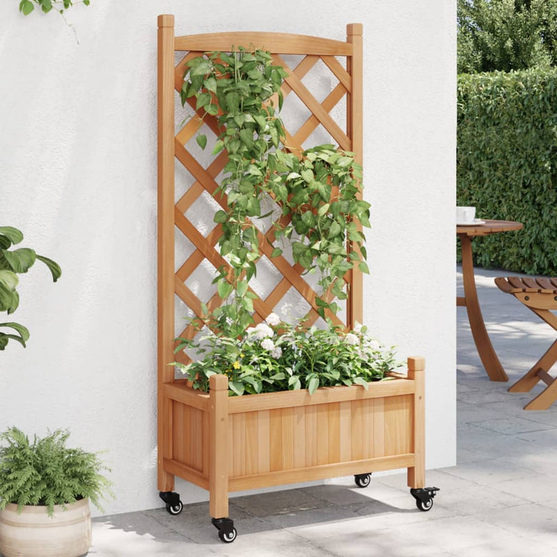 Planter with Trellis and Wheels Brown Solid Wood Fir