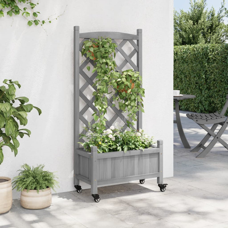 Planter with Trellis and Wheels Grey Solid Wood Fir