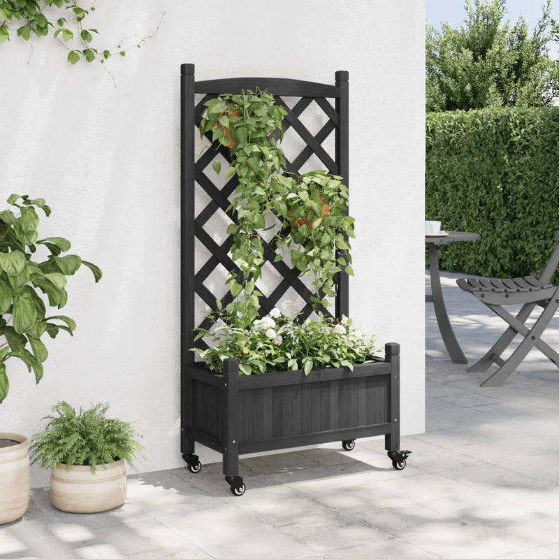 Planter with Trellis and Wheels Black Solid Wood Fir