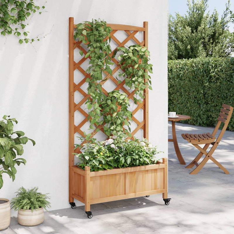 Planter with Trellis and Wheels Brown Solid Wood Fir