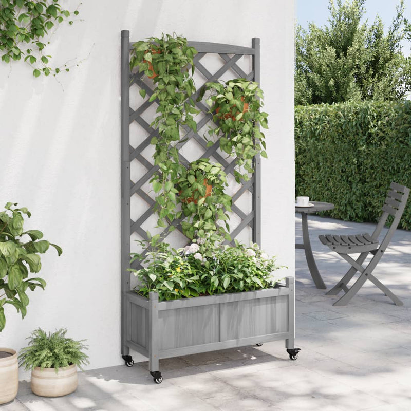 Planter with Trellis and Wheels Grey Solid Wood Fir