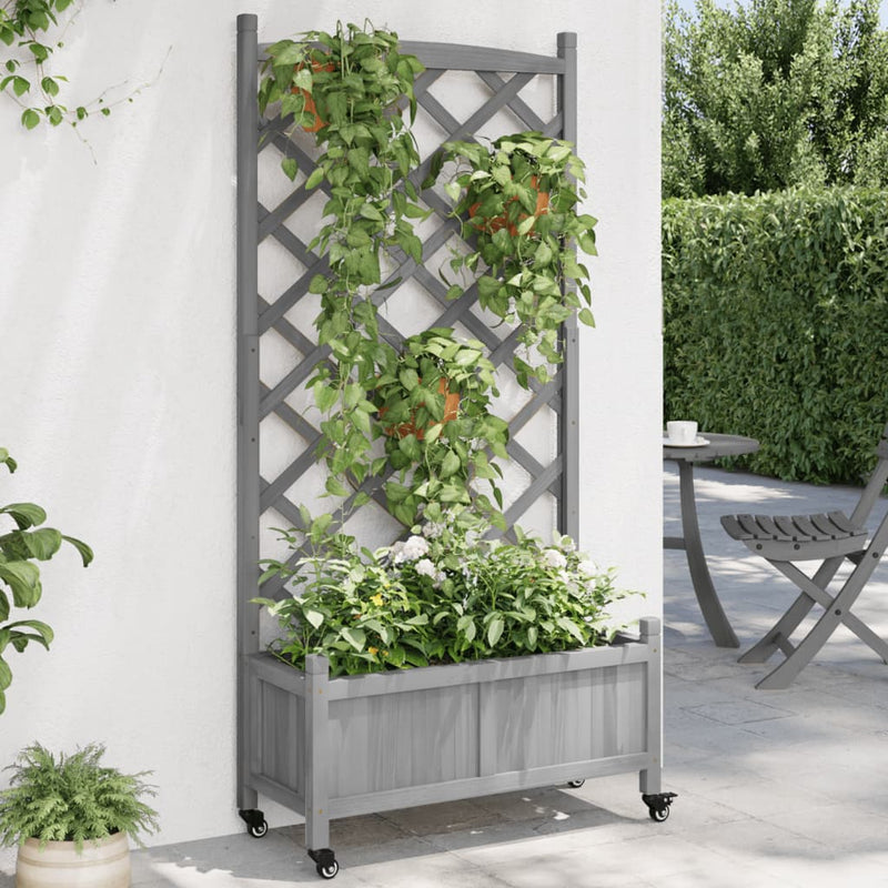 Planter with Trellis and Wheels Grey Solid Wood Fir