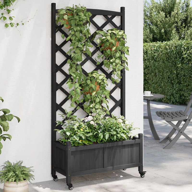 Planter with Trellis and Wheels Black Solid Wood Fir