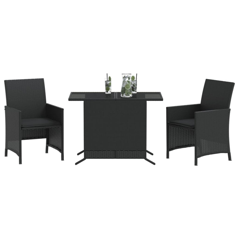 3 Piece Bistro Set with Cushions Black Poly Rattan