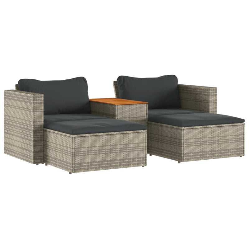 5 Piece Garden Sofa Set with Cushions Grey Poly Rattan Acacia