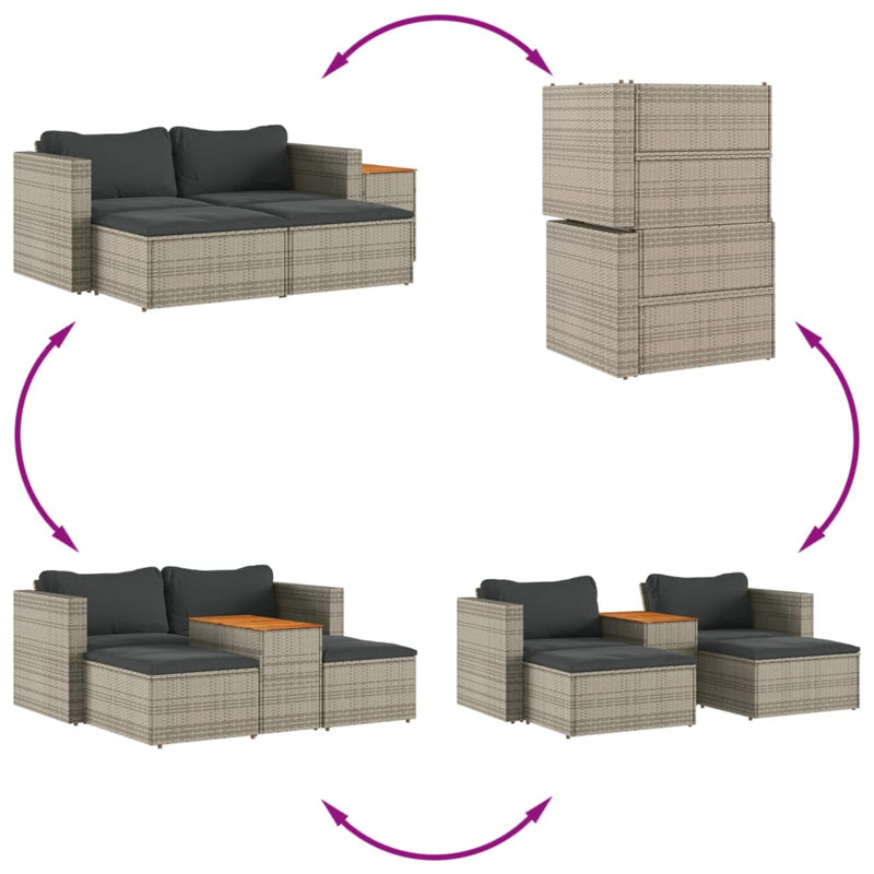 5 Piece Garden Sofa Set with Cushions Grey Poly Rattan Acacia