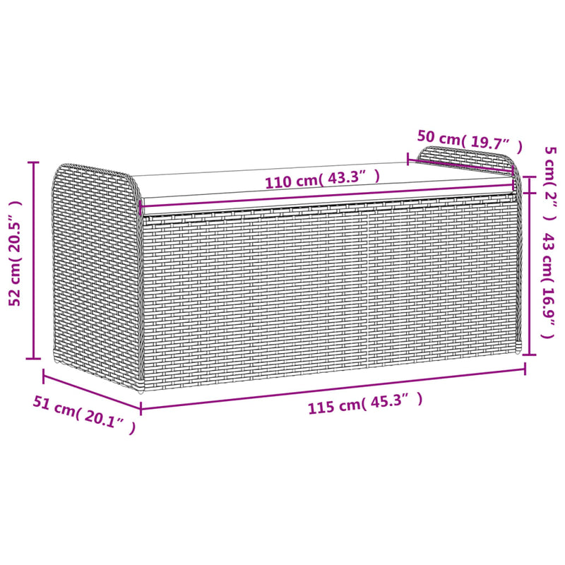 vidaXL Storage Bench with Cushion Black 115x51x52 cm Poly Rattan