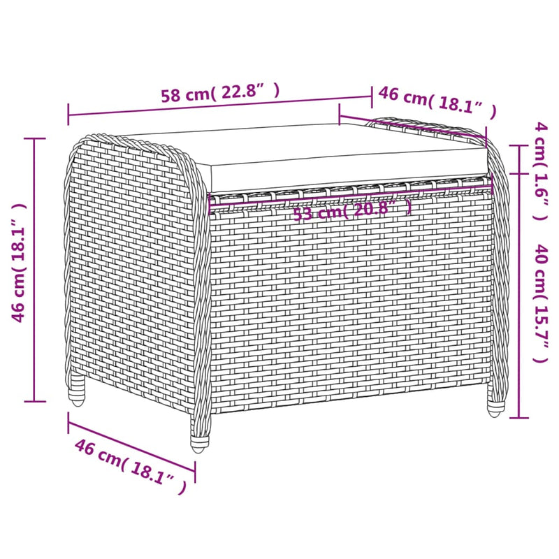 Garden Stool with Cushion Grey 58x46x46 cm Poly Rattan