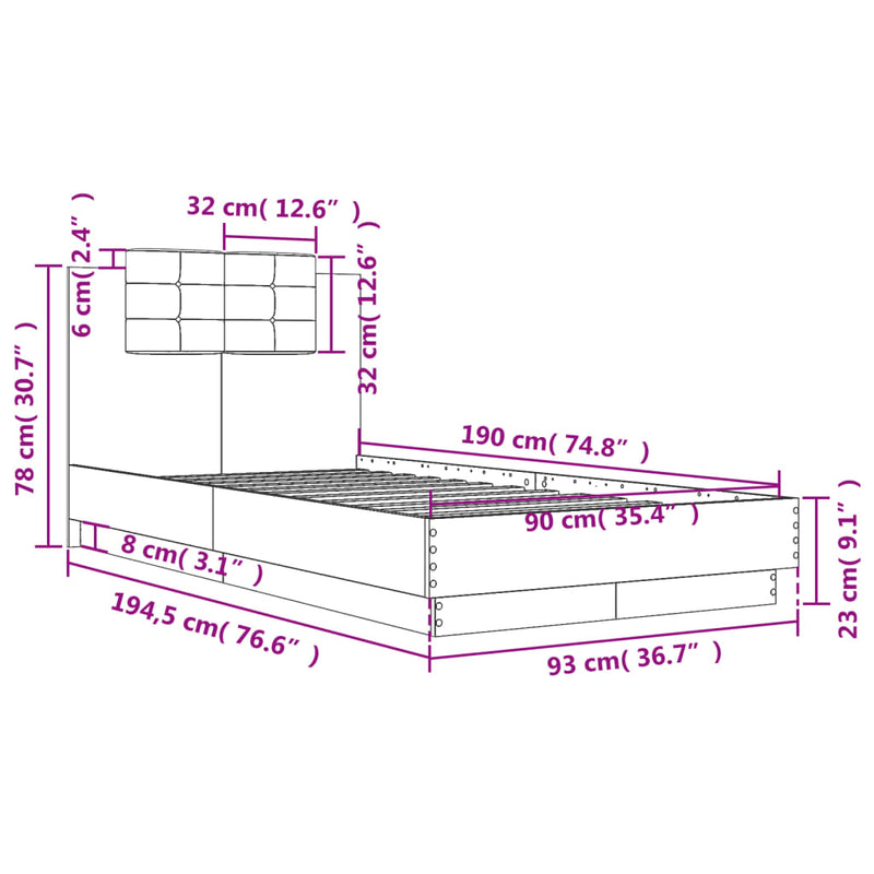 Bed Frame with Headboard Black 90x190 cm Engineered Wood