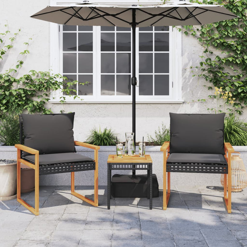vidaXL 3 Piece Bistro Set with Cushions Black Poly Rattan Acacia Wood