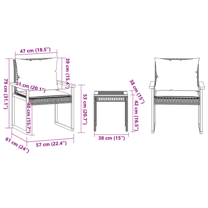 vidaXL 3 Piece Bistro Set with Cushions Black Poly Rattan Acacia Wood