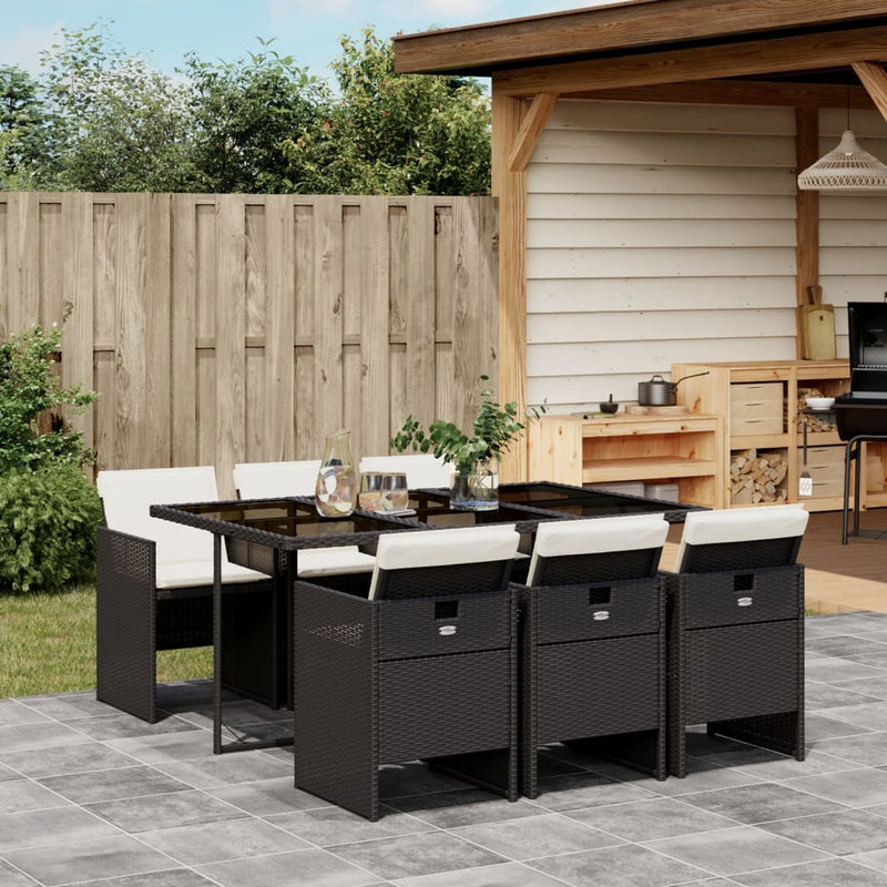 vidaXL 7 Piece Garden Dining Set with Cushions Black Poly Rattan