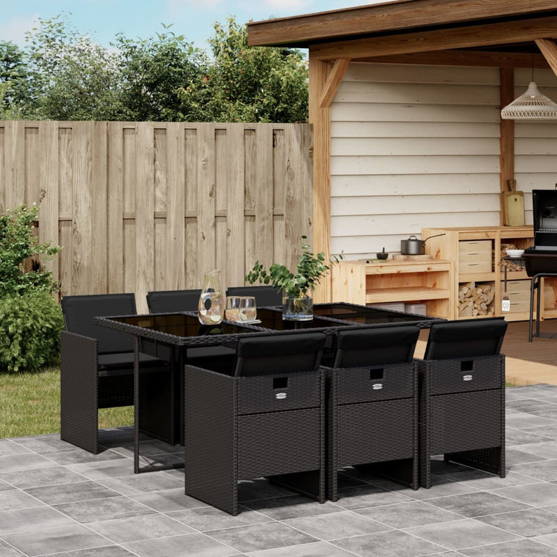 vidaXL 7 Piece Garden Dining Set with Cushions Black Poly Rattan