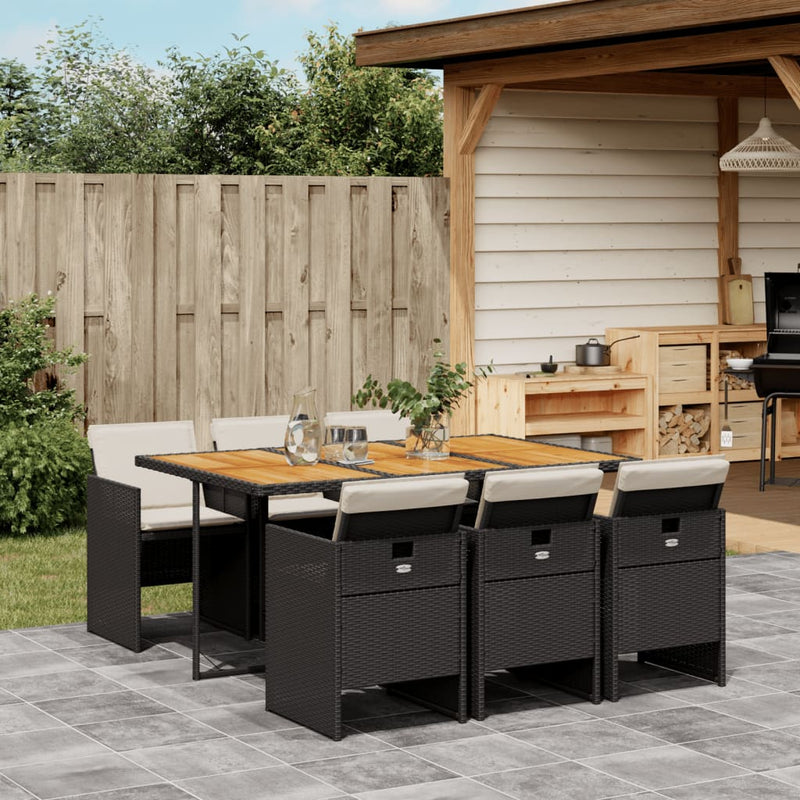 vidaXL 7 Piece Garden Dining Set with Cushions Black Poly Rattan
