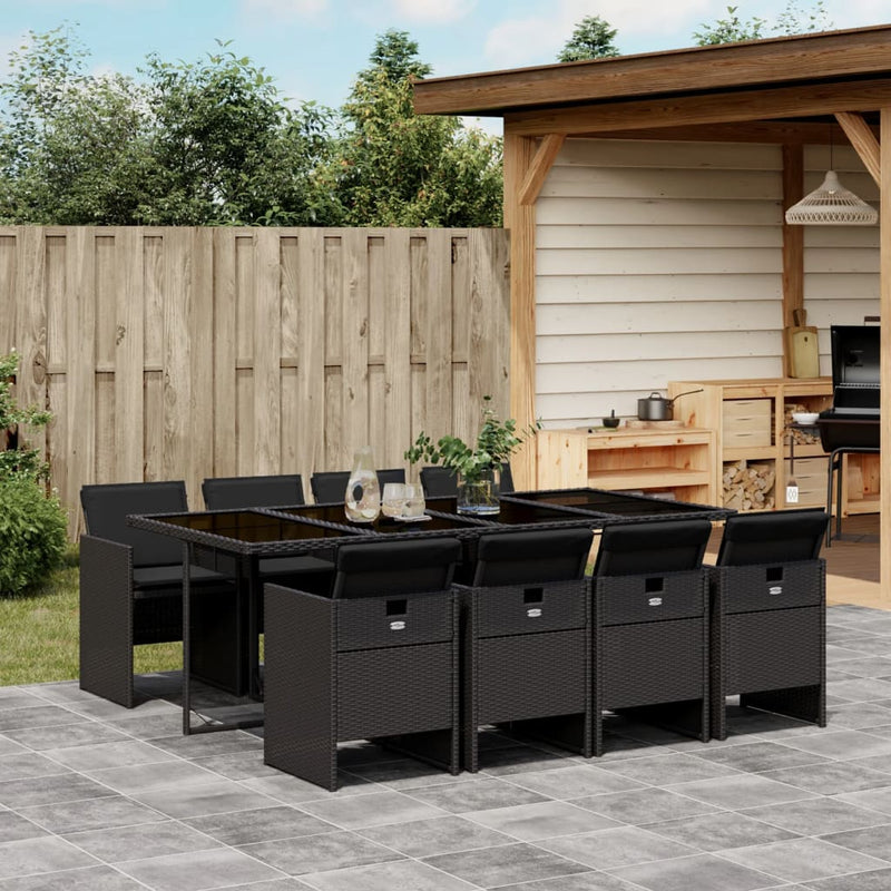 vidaXL 9 Piece Garden Dining Set with Cushions Black Poly Rattan