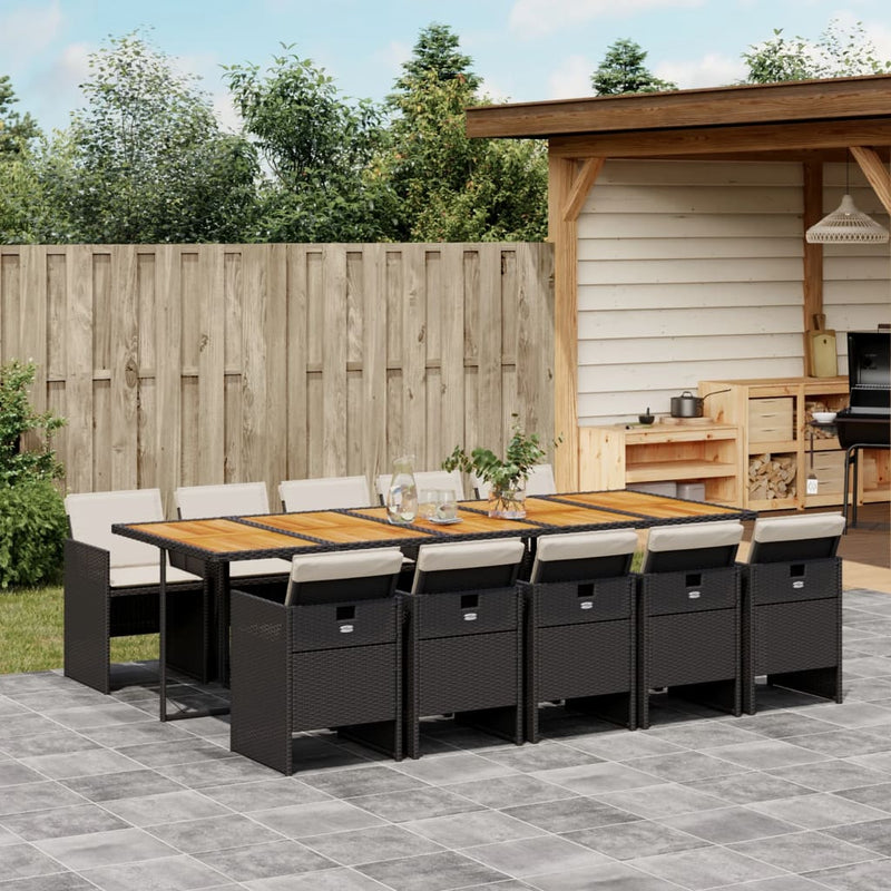 vidaXL 11 Piece Garden Dining Set with Cushions Black Poly Rattan