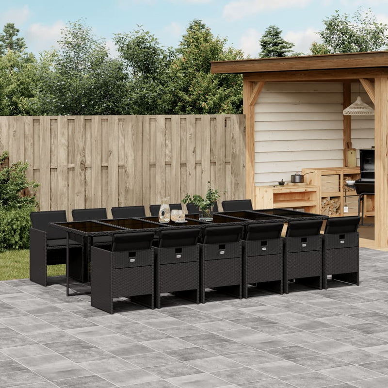 vidaXL 13 Piece Garden Dining Set with Cushions Black Poly Rattan