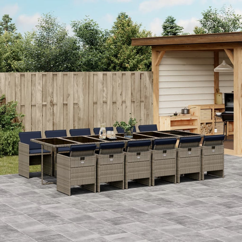 vidaXL 13 Piece Garden Dining Set with Cushions Grey Poly Rattan