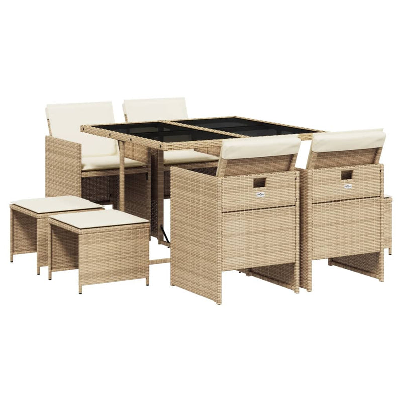 vidaXL 9 Piece Garden Dining Set with Cushions Beige Poly Rattan
