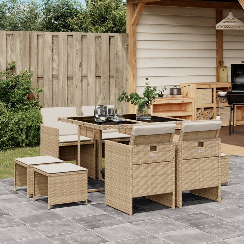 vidaXL 9 Piece Garden Dining Set with Cushions Beige Poly Rattan