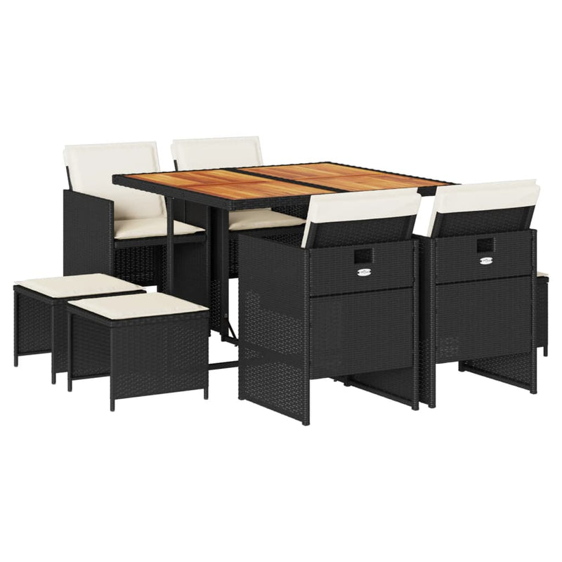 vidaXL 9 Piece Garden Dining Set with Cushions Black Poly Rattan