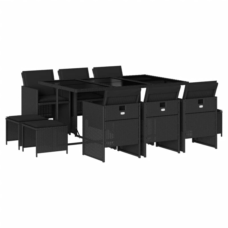 vidaXL 11 Piece Garden Dining Set with Cushions Black Poly Rattan