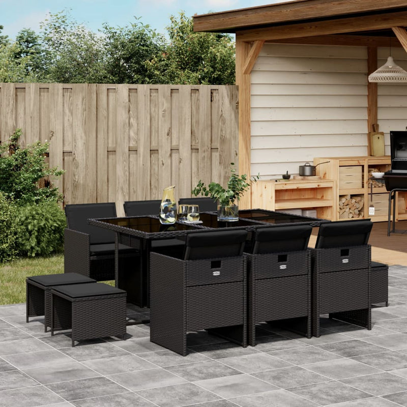 vidaXL 11 Piece Garden Dining Set with Cushions Black Poly Rattan