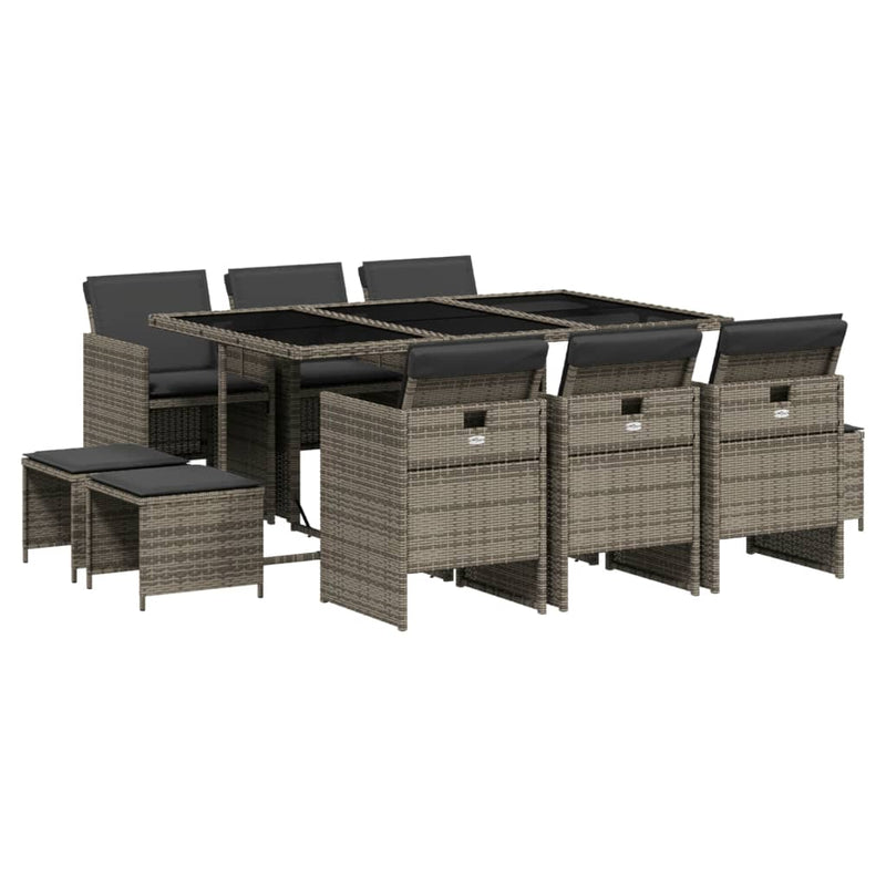 vidaXL 11 Piece Garden Dining Set with Cushions Grey Poly Rattan