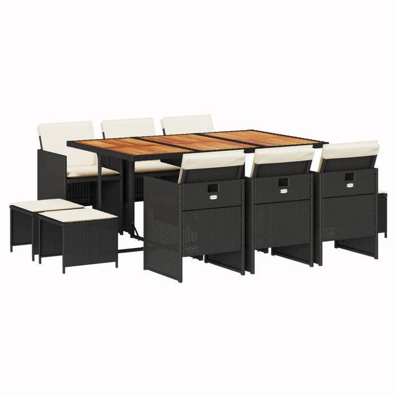 vidaXL 11 Piece Garden Dining Set with Cushions Black Poly Rattan