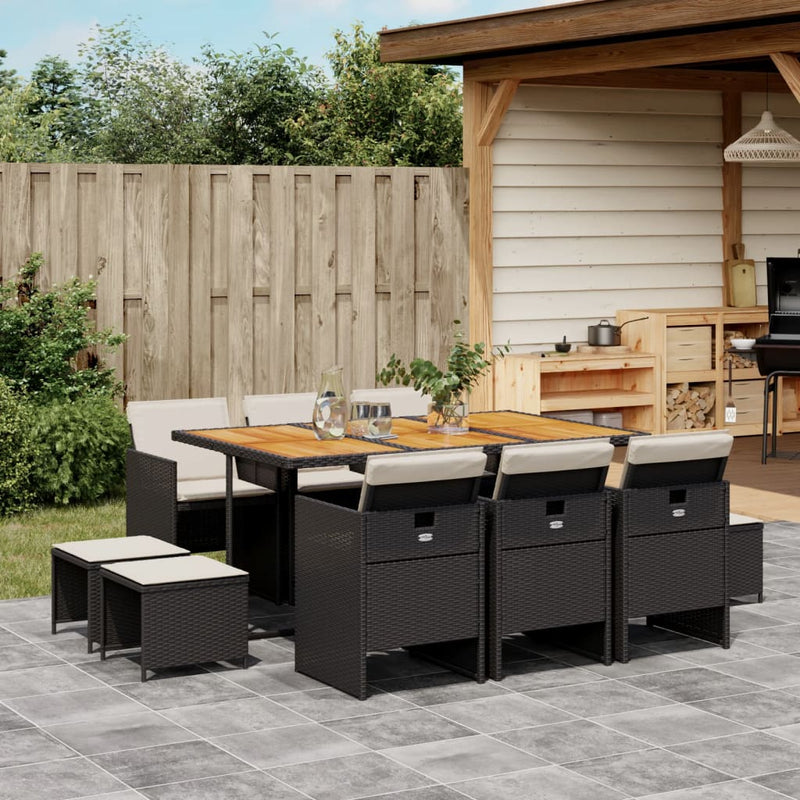 vidaXL 11 Piece Garden Dining Set with Cushions Black Poly Rattan