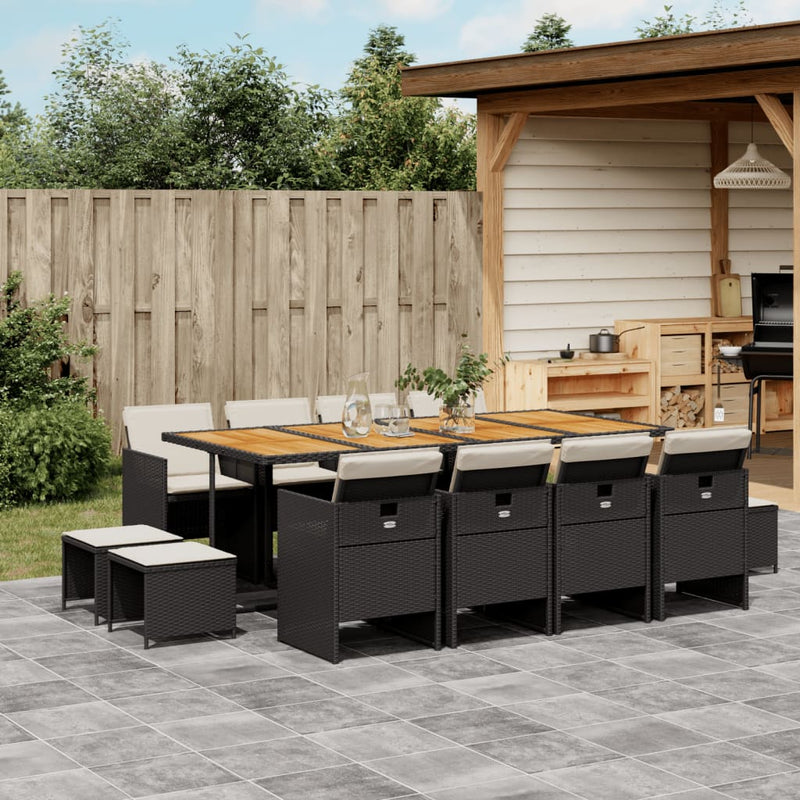 vidaXL 13 Piece Garden Dining Set with Cushions Black Poly Rattan