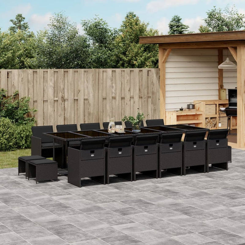 vidaXL 17 Piece Garden Dining Set with Cushions Black Poly Rattan